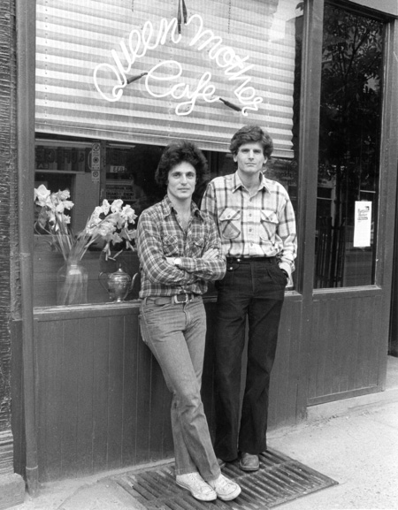 Andre and David outside the Queen Mother Cafe in 1979